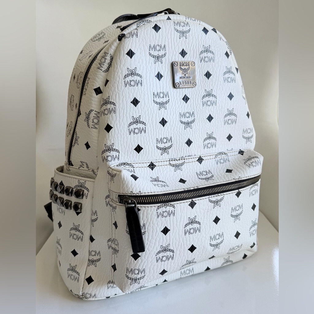Mcm Stark Side Studs White And Black Backpack In Visetos Monogram Canvas